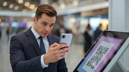 Focused Businessman Scans QR Code with Smartphone at Modern Airport Kiosk for Digital Check-in or Verification - Powered by Adobe