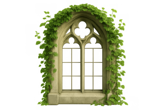 Stone gothic window arch with green ivy vine