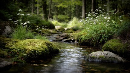 Obraz premium A lush green forest filled with grass and flowers next to another lush green forest filled with white flowers