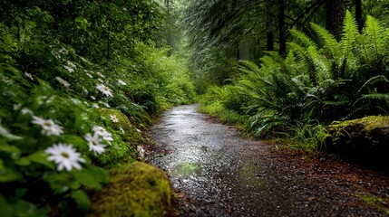   A lush green forest stream flows alongside numerous trees, surrounded by an abundance of leaves and flowers
