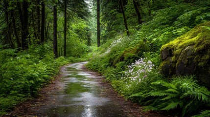 Obraz premium Wet forest road, surrounded by dense trees & greenery on both sides