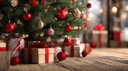 Fototapeta premium merry christmas greeting card with a christmas tree red ornaments baubles and gift boxes on the floor