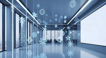 Sleek futuristic corporate office with glass walls, modern lighting, subtle Christmas decorations, snowflake holograms, and clean minimalist design