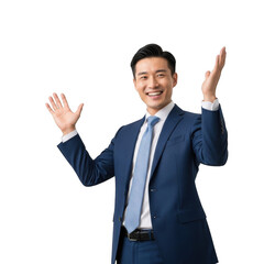A cheerful asian businessman in a dark suit and light blue tie raises both hands in a welcoming gesture isolated on transparent background