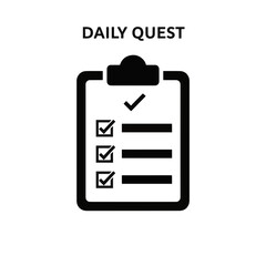 Daily quest checklist vector icon. Flat design clipboard with a completed to-do list. Task management symbol for game UI isolated on a transparent background