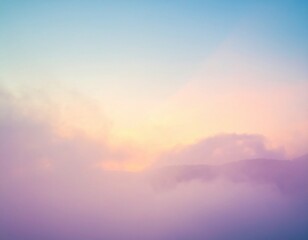 Soft pastel light illuminating a misty mountain landscape at dawn, an inspiring moment of tranquil natural beauty unfolding