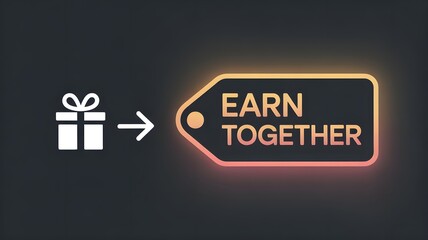 Collaborative Earning and Rewards Program: Gift Box Icon Leading to a Glowing Price Tag with "Earn Together" Text for Referral or Partnership Schemes