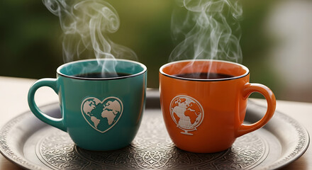 Two steaming coffee mugs with globe and heart designs on a decorative tray cups