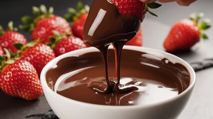 Close up of hand dipping ripe strawberry into melted chocolate dessert preparation - Powered by Adobe