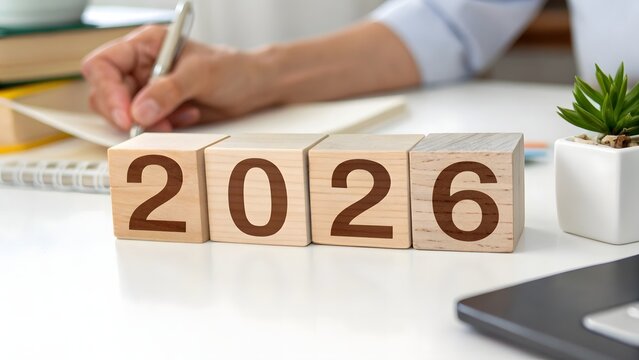 Hand writing in notebook with wooden blocks showing the year 2026