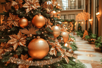 Elegant Christmas decorations adorn a festive hallway with a beautifully lit tree and shimmering ornaments in a grand hotel Generative AI