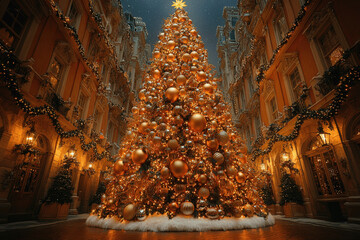 Decorative Christmas tree adorned with golden ornaments in a festive urban courtyard at night Generative AI