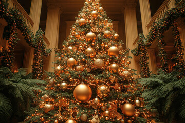 Stunning gold decorated Christmas tree fills the grand hall with warmth and festive spirit during the holiday season Generative AI