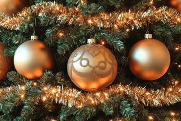 Elegant bronze ornaments and twinkling lights decorate a festive Christmas tree during the holiday season Generative AI