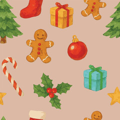 Seamless vector pattern with christmas items such as a tree, gingerbread, gift and more repeating