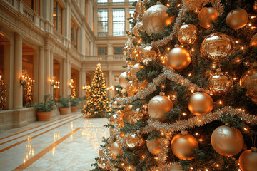 Festive holiday decorations illuminate a grand hall with Christmas trees and golden ornaments in a beautiful indoor space Generative AI