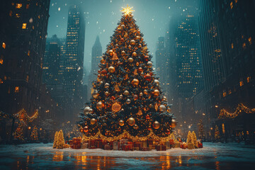 Christmas tree stands tall in a snowy city center with lights and gifts at night during the holiday season Generative AI
