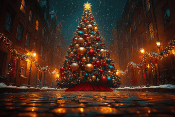Beautiful Christmas tree lights up a snowy street at night with festive decorations and warm street lamps Generative AI