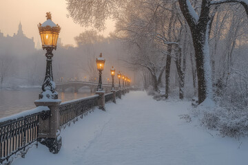 Winter evening walk along a snow-covered path with glowing lamps in a serene park Generative AI