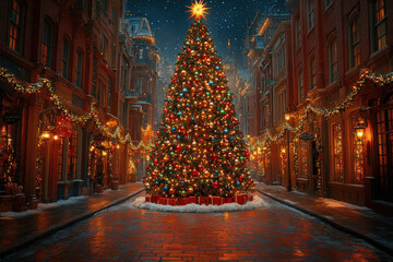 Vibrant Christmas tree shines in festive city street decorated with lights and ornaments during winter evening Generative AI