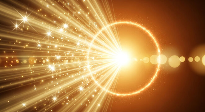 Abstract golden light streaks with bokeh and a glowing circle creating a dynamic and energetic background for presentations and designs