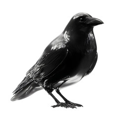 Detailed close up of a black crow bird standing alertly isolated on transparent background