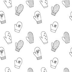 Mittens, seamless pattern, hand drawing, outline, vector illustration