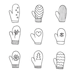 Mittens set of elements, hand drawing, doodles, outline, vector illustration