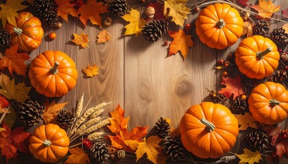 Autumnal Abundance - Pumpkins, Leaves, and Pine Cones on Wood.