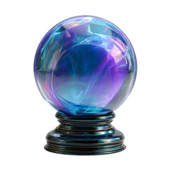 Mystical glowing crystal ball with swirling iridescent colors on a dark stand isolated on transparent background