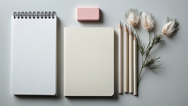 Minimalist flat lay of stationery including notebooks pencils and dried flowers on a light background
