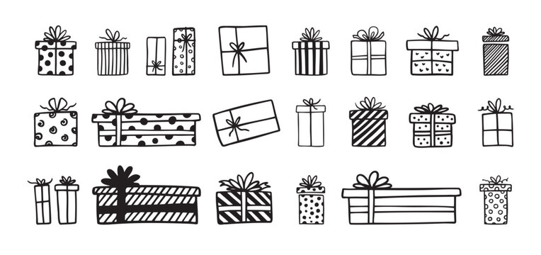 Hand drawn gift boxes doodle outline set. Present box