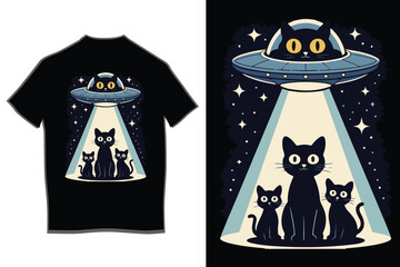 Cute black cat alien piloting ufo beams down on family of felines under starry night sky, humorous sci-fi pet illustration artwork for unique apparel design.