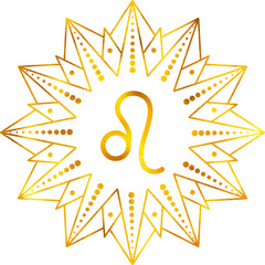 Leo zodiac sign in a detailed star mandala design with a luxurious gold foil texture 