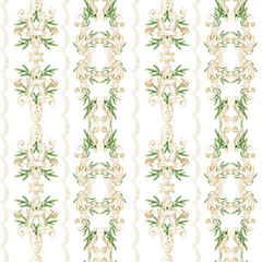 Seamless Watercolor Christmas Pattern with Gold Ornaments and Pine Branches