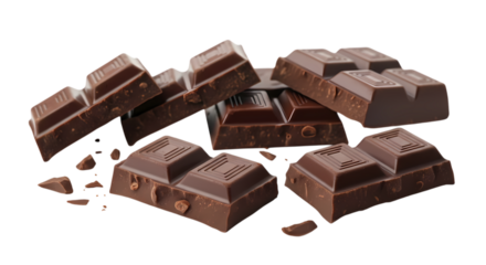 Broken dark chocolate bar on transparent background