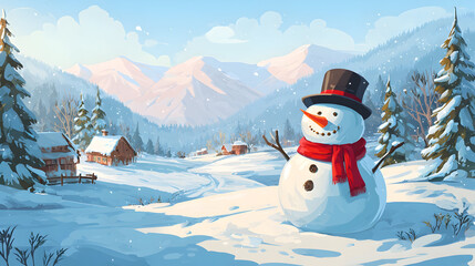 Obraz premium Cheerful snowman in a winter wonderland with red scarf and black top hat