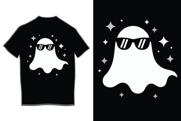 Cool ghost character in sunglasses with sparkling stars vector illustration. playful spooky design for halloween, parties, and casual wear apparel and decor