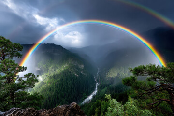 Majestic rainbow arches over a misty mountain valley after a rainstorm