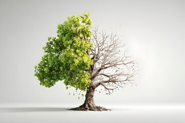 Concept of life and death depicted in a half-green, half-dry tree