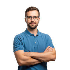 A confident man with short brown hair wearing glasses and a blue polo shirt with arms crossed isolated on transparent background