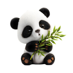 Adorable fluffy panda bear toy holding a green branch isolated on transparent background