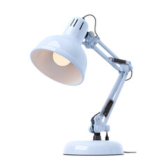Classic white adjustable desk lamp with a bright bulb illuminated and isolated on transparent background