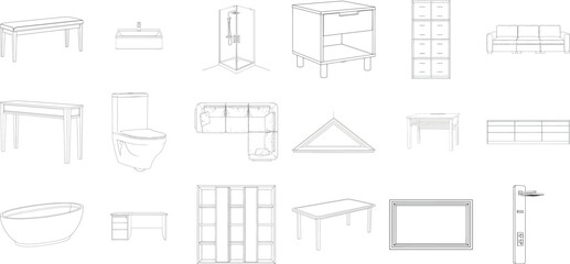 Variety of furniture outlines and schematic drawings