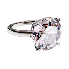Elegant silver ring with a large clear faceted gemstone isolated on transparent background