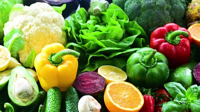 Fresh raw vegetables and fruits. Ingredients of vegan diet