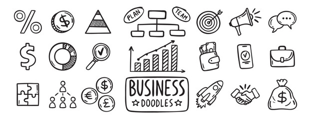 Fototapeta na wymiar business doodle hand drawn icon set. Outline drawing business line clipart symbol collection