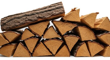 Rustic stack of natural firewood logs showing intricate bark texture and detailed wood grain isolated on a clean white background ,studio shot ,energy ,lumber