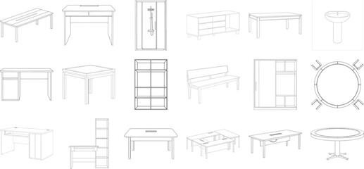Assortment of architectural components and furniture outlines on a transparent background
