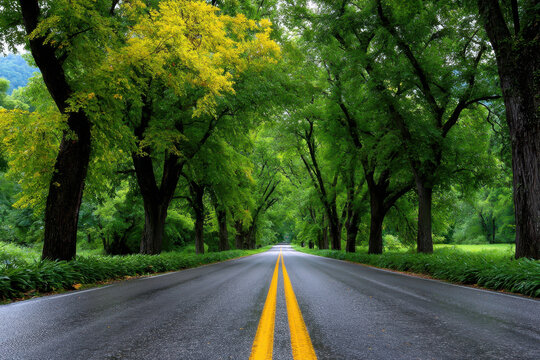 Scenic tree-lined road in a lush green landscape during a sunny day in spring - Powered by Adobe